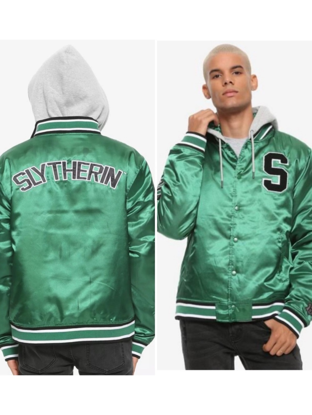 Harry Potter Slytherin Varsity Jacket Hood Green Satin Gray Luster Size Large